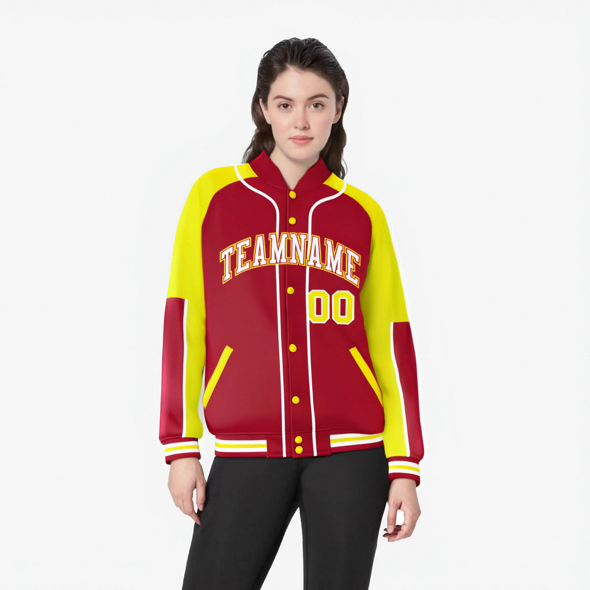 Custom Red Gold-Red Varsity Full-Snap Color Block Letterman Jacket