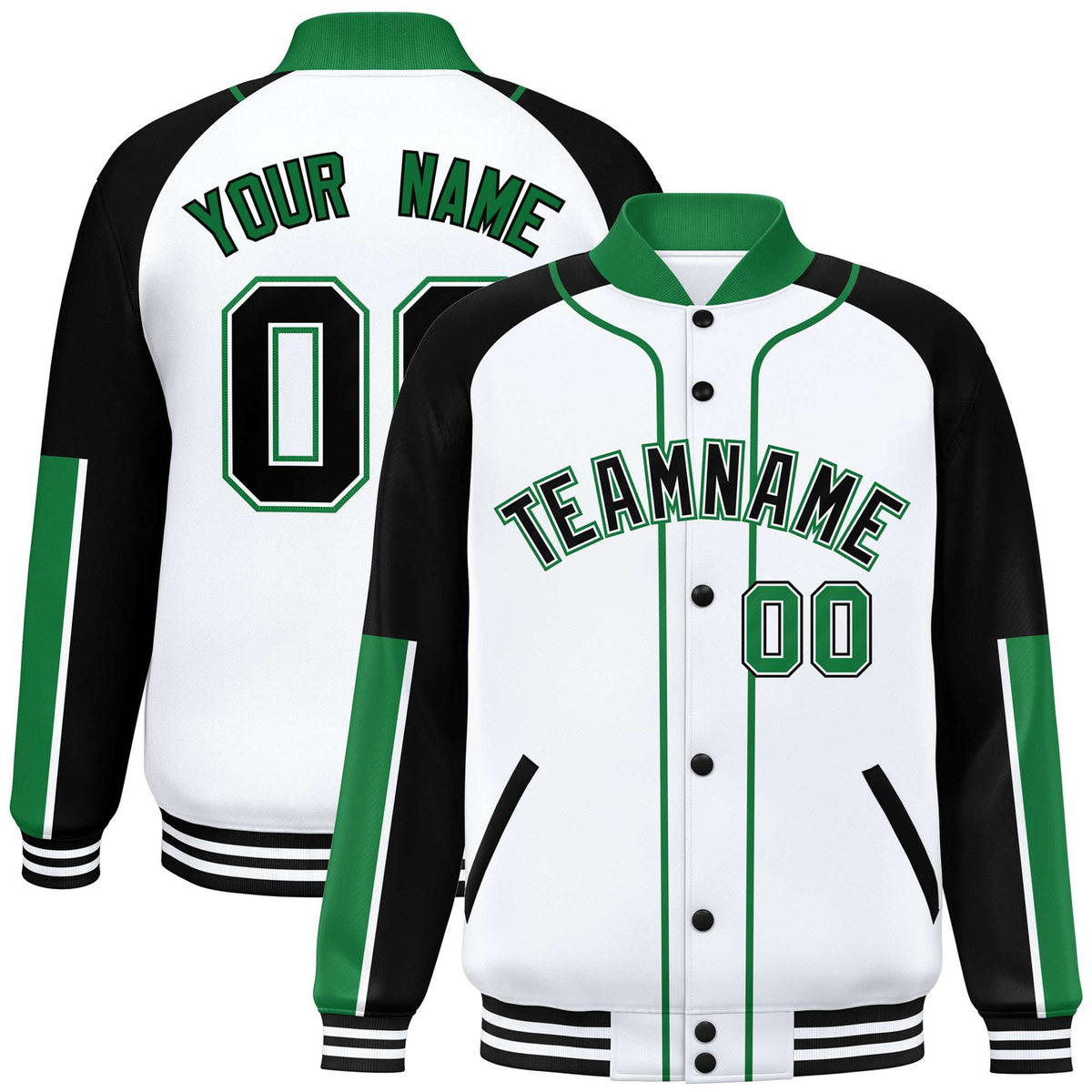 Custom White Black-Kelly Green Varsity Full-Snap Color Block Letterman Jacket