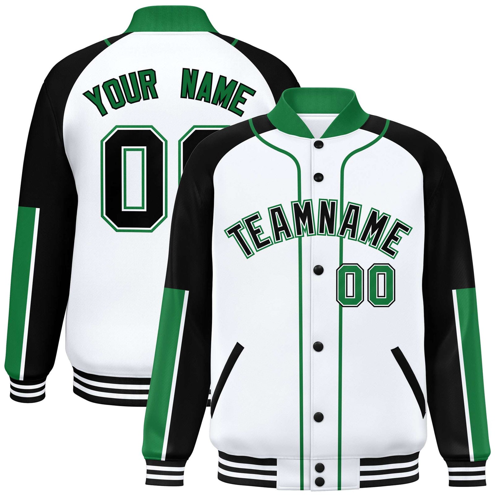 Custom White Black-Kelly Green Varsity Full-Snap Color Block Letterman Jacket