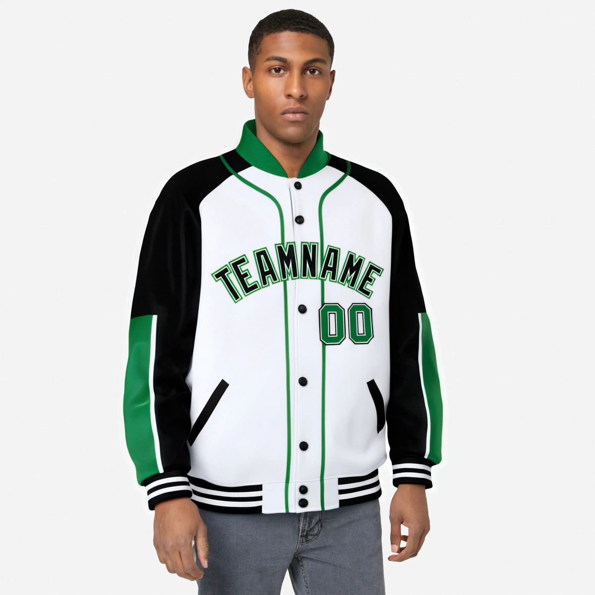 Custom White Black-Kelly Green Varsity Full-Snap Color Block Letterman Jacket