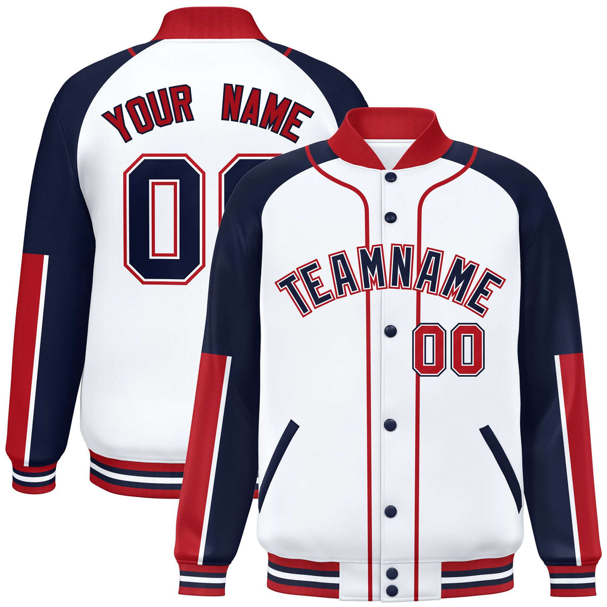 Custom White Navy-Red Varsity Full-Snap Color Block Letterman Jacket