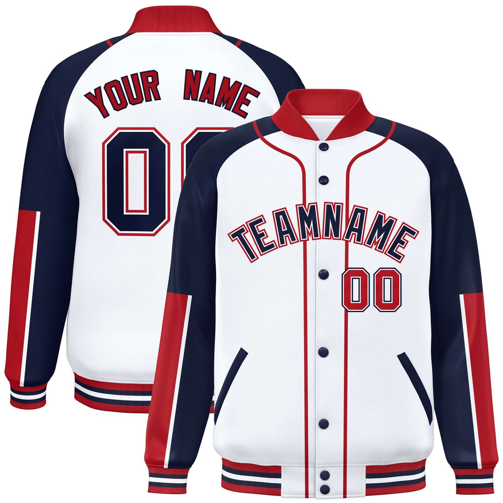 Custom White Navy-Red Varsity Full-Snap Color Block Letterman Jacket