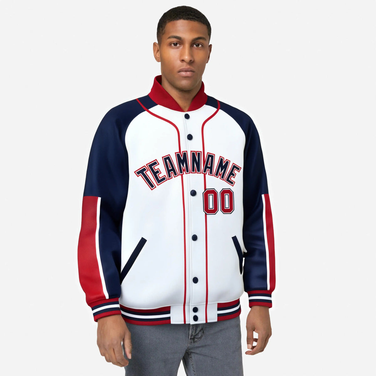 Custom White Navy-Red Varsity Full-Snap Color Block Letterman Jacket