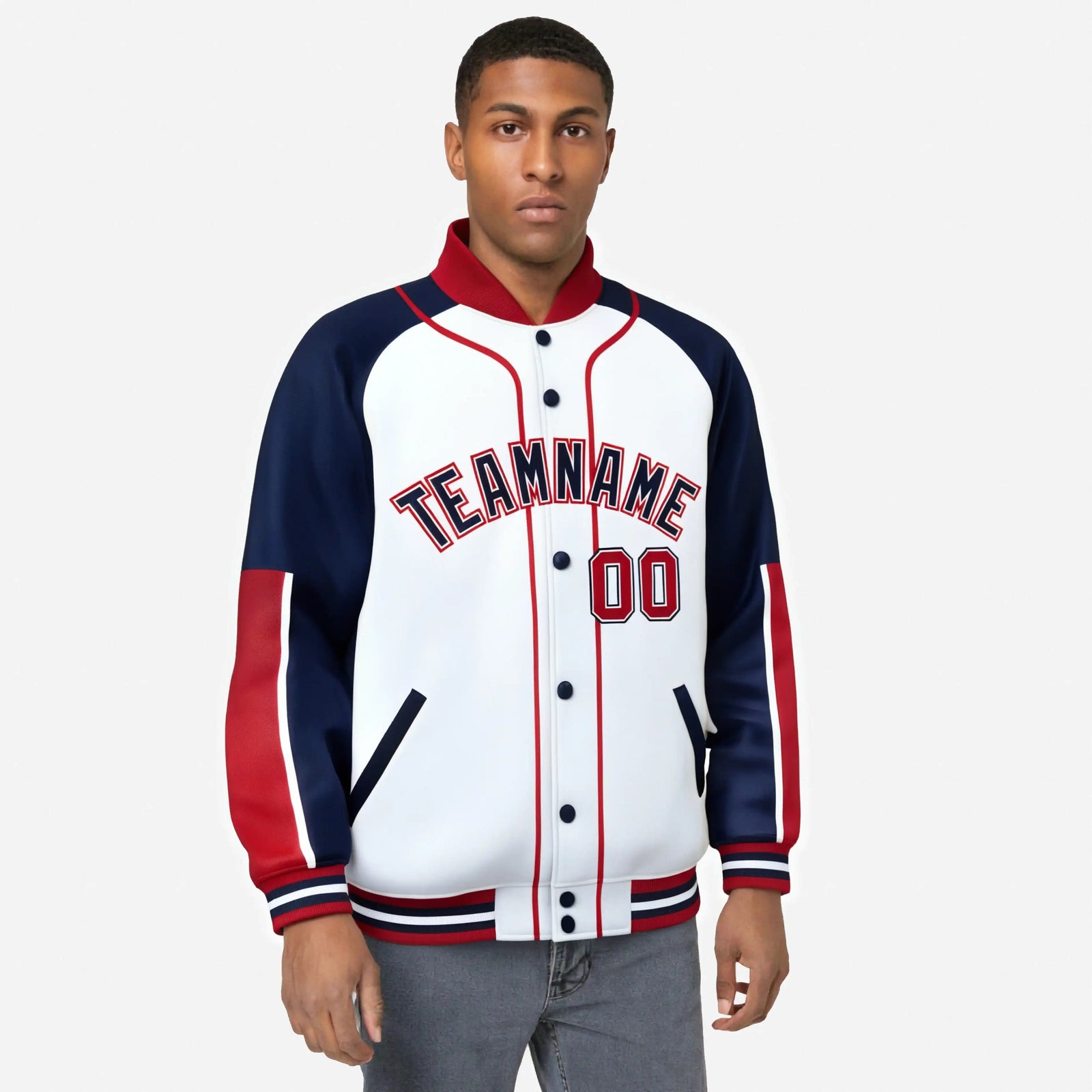 Custom White Navy-Red Varsity Full-Snap Color Block Letterman Jacket