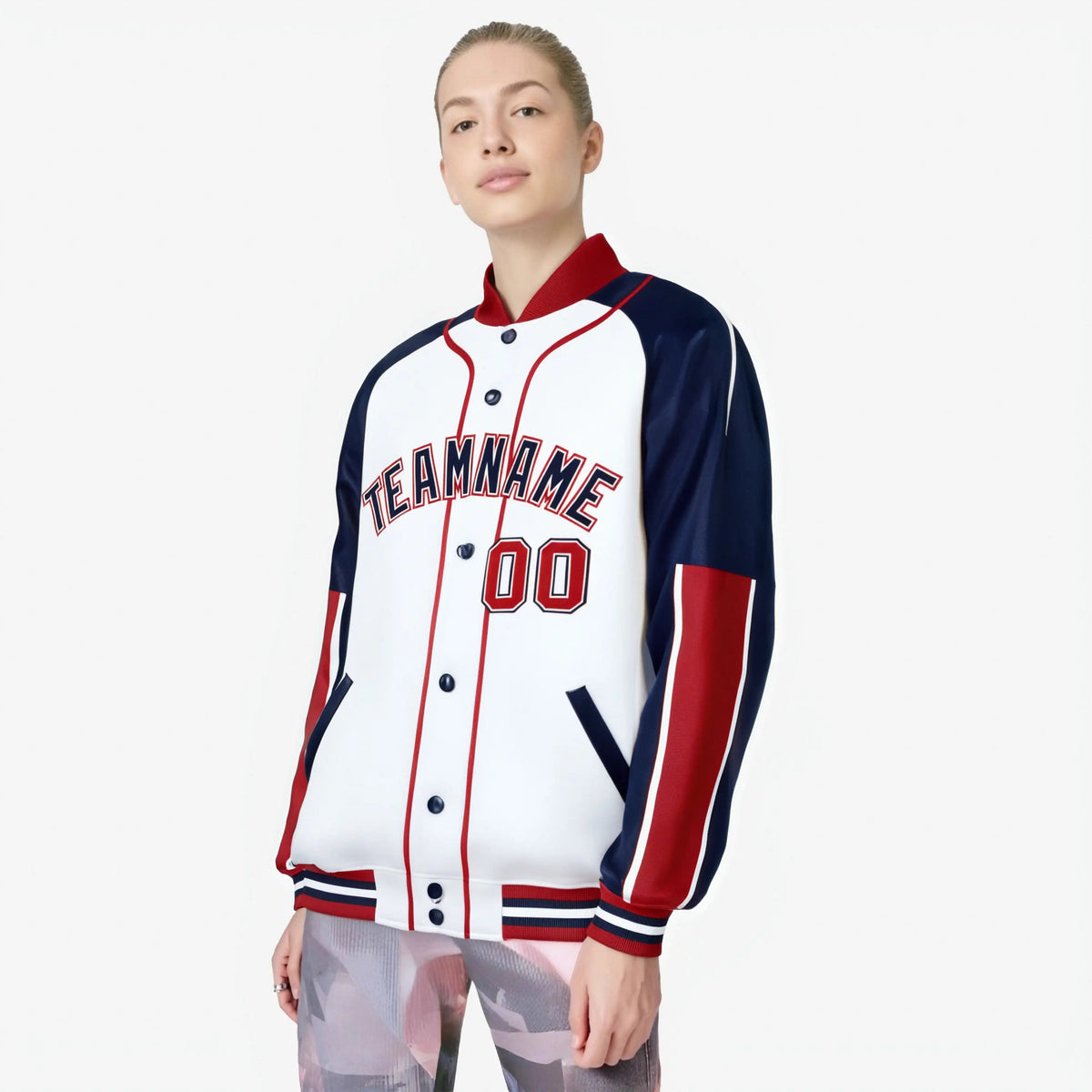 Custom White Navy-Red Varsity Full-Snap Color Block Letterman Jacket