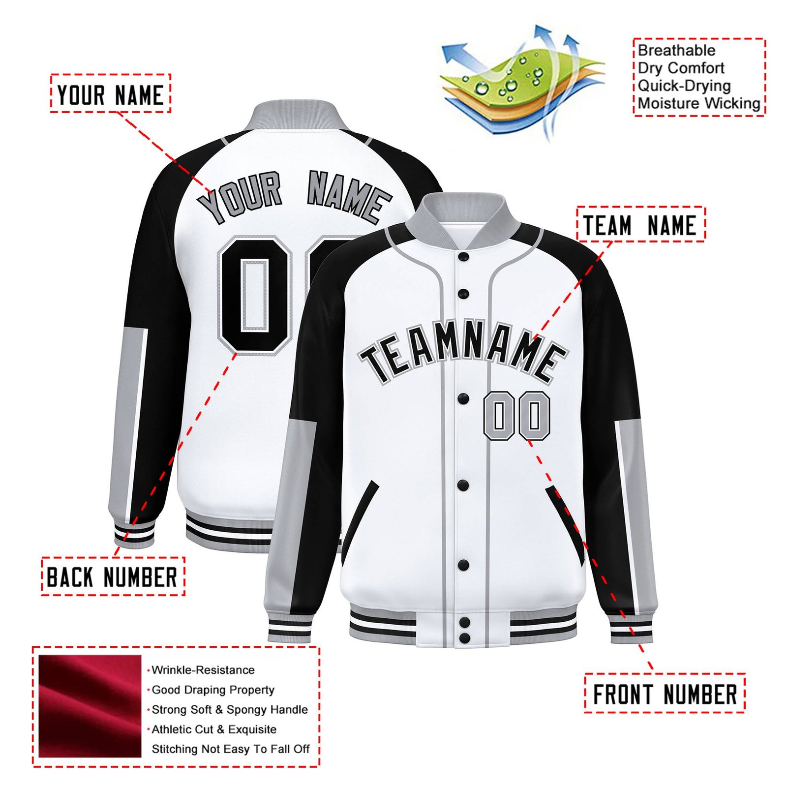 Custom White Black-Gray Varsity Full-Snap Color Block Letterman Jacket
