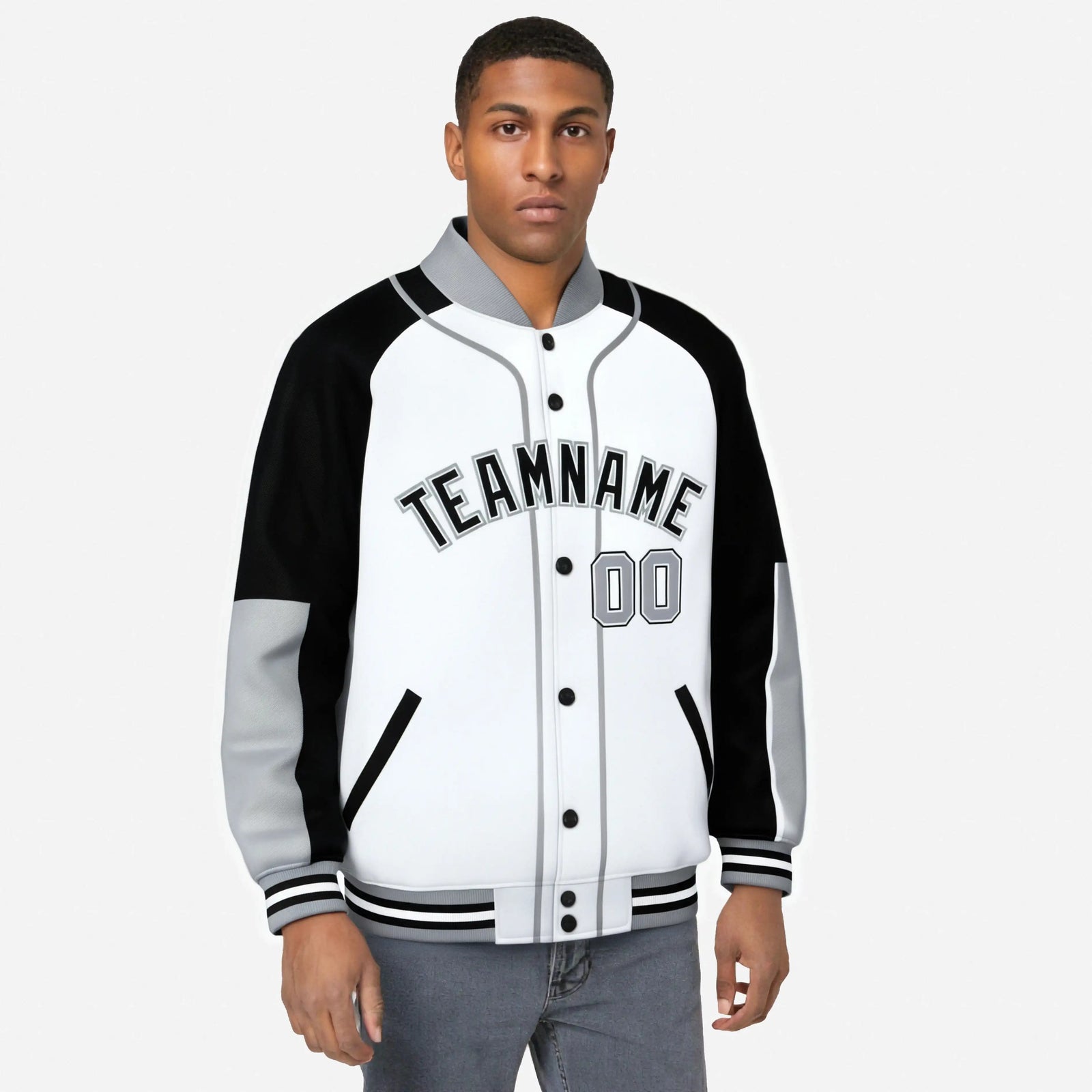 Custom White Black-Gray Varsity Full-Snap Color Block Letterman Jacket