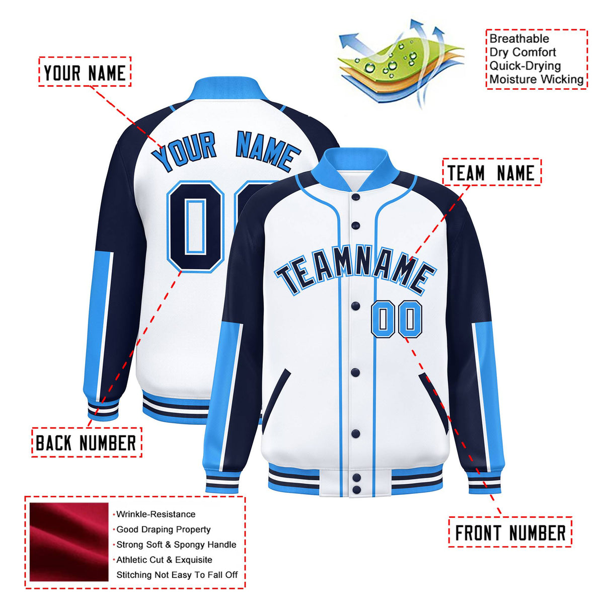 Custom White Navy-Powder Blue Varsity Full-Snap Color Block Letterman Jacket