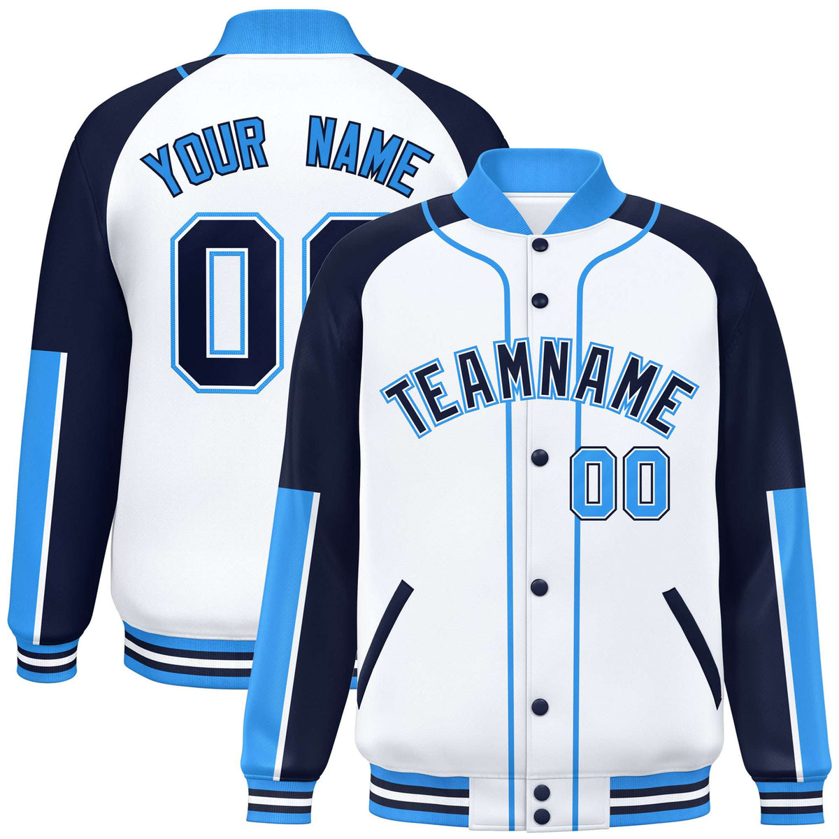 Custom White Navy-Powder Blue Varsity Full-Snap Color Block Letterman Jacket