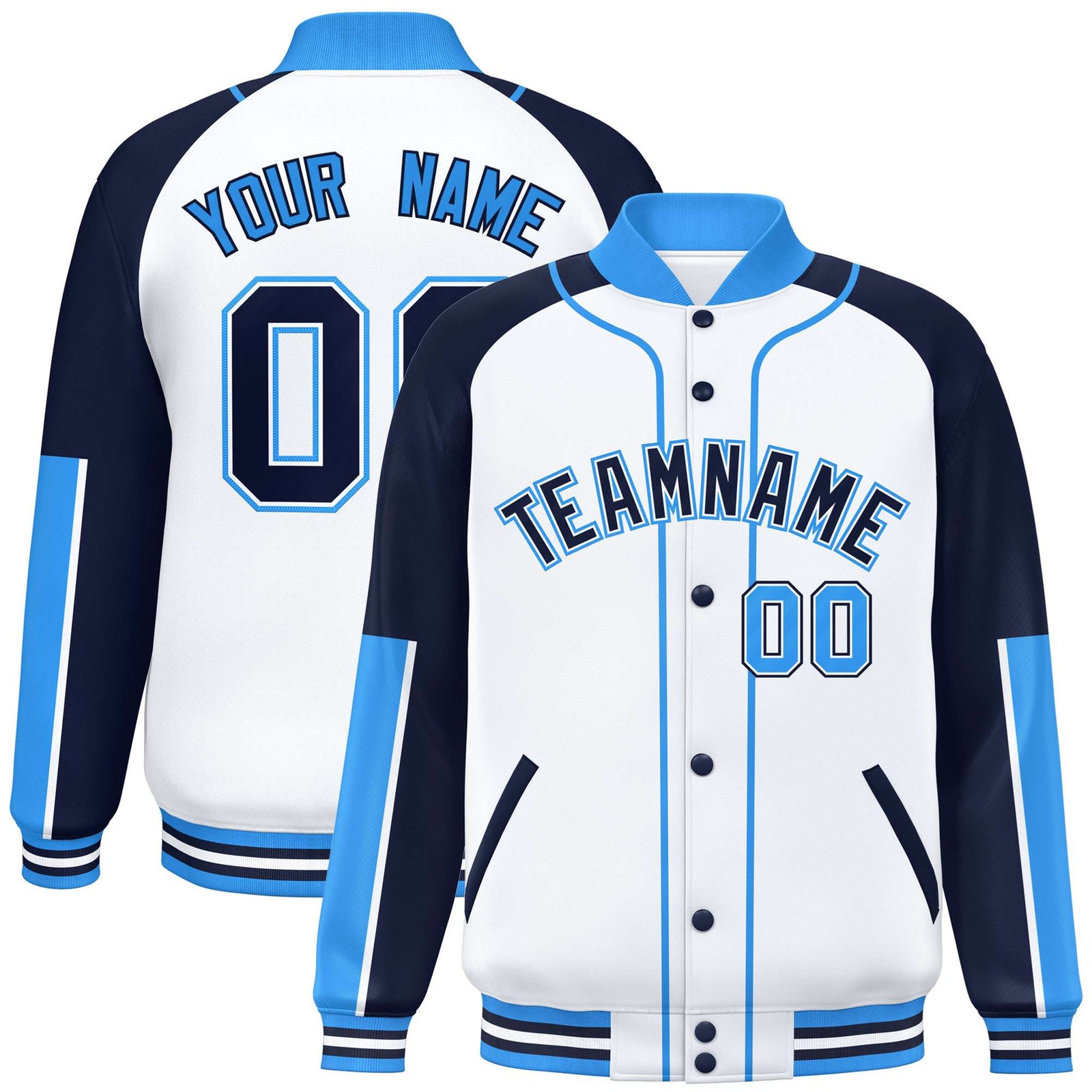 Custom White Navy-Powder Blue Varsity Full-Snap Color Block Letterman Jacket