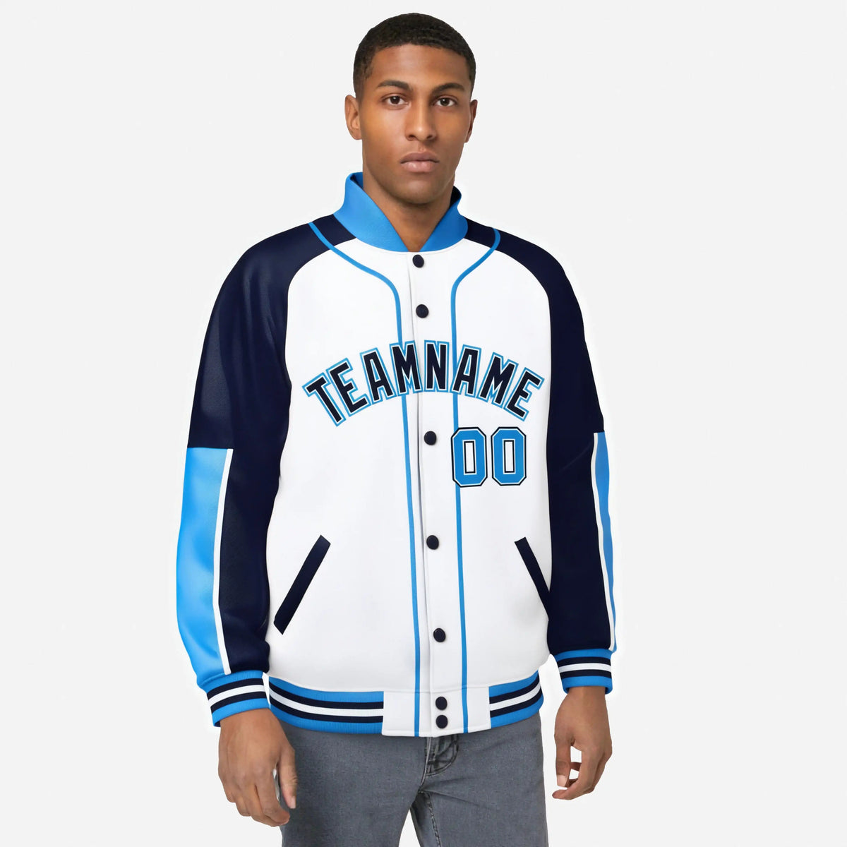 Custom White Navy-Powder Blue Varsity Full-Snap Color Block Letterman Jacket
