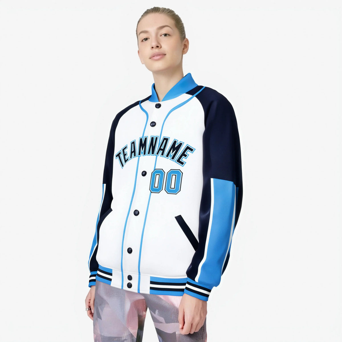 Custom White Navy-Powder Blue Varsity Full-Snap Color Block Letterman Jacket