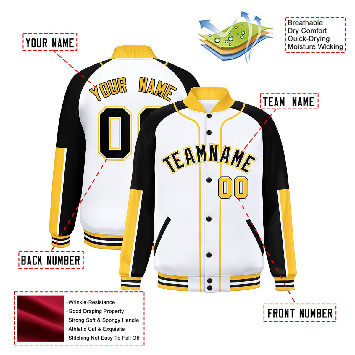 Custom White Black-Gold Varsity Full-Snap Color Block Letterman Jacket