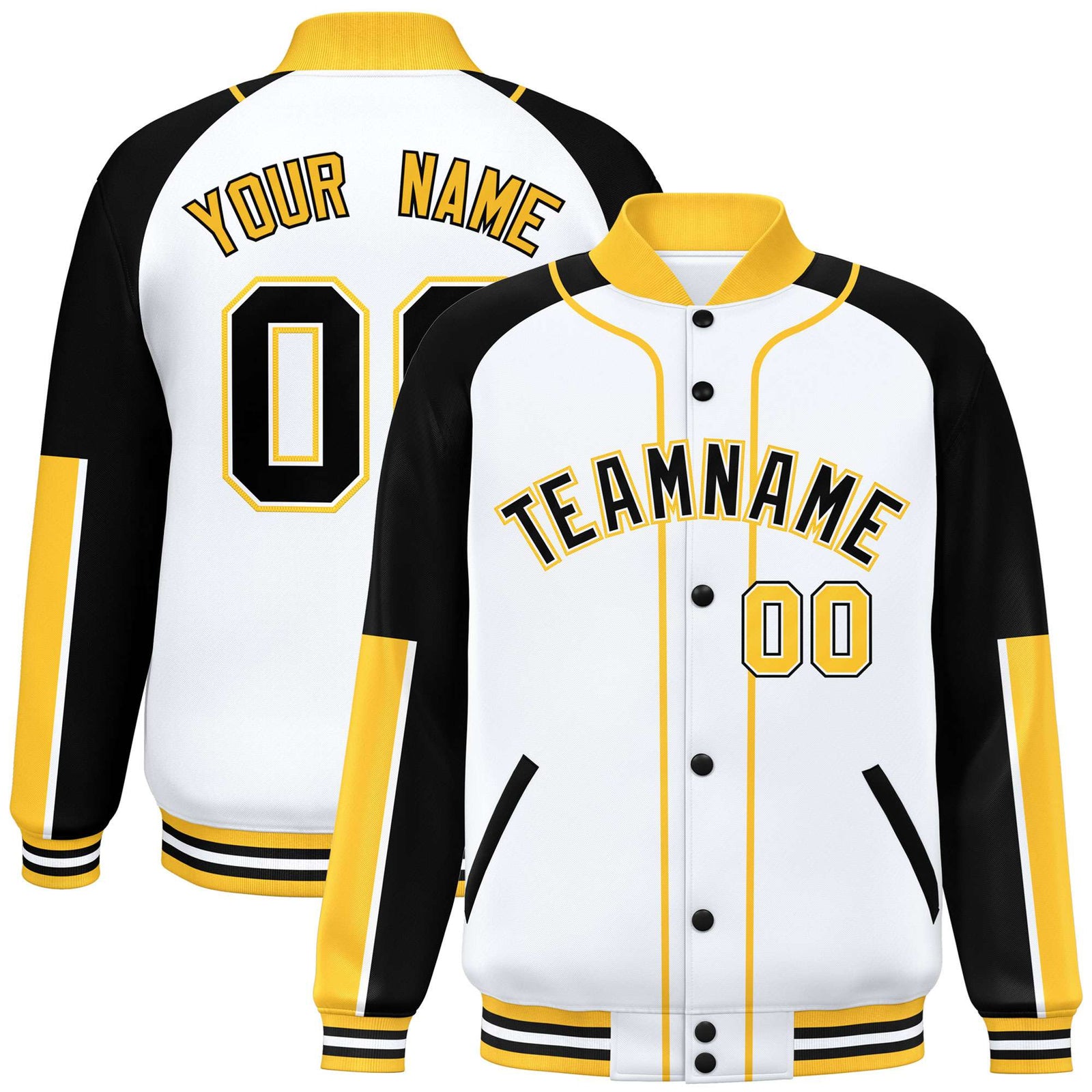 Custom White Black-Gold Varsity Full-Snap Color Block Letterman Jacket