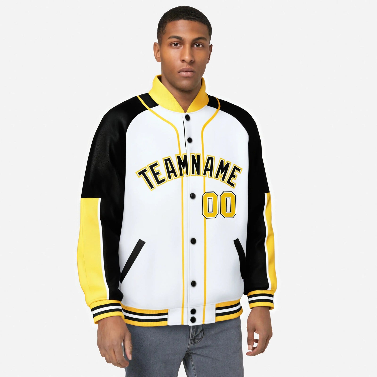 Custom White Black-Gold Varsity Full-Snap Color Block Letterman Jacket