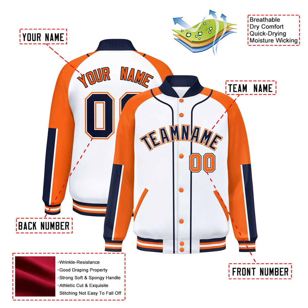 Custom White Orange-Navy Varsity Full-Snap Color Block Letterman Jacket
