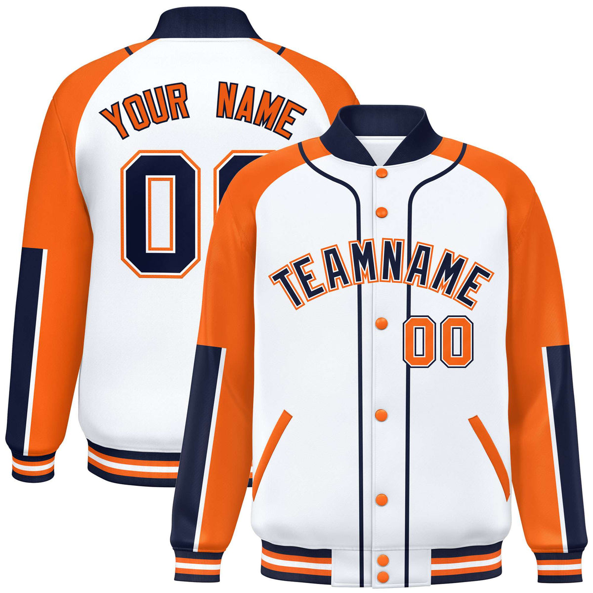 Custom White Orange-Navy Varsity Full-Snap Color Block Letterman Jacket