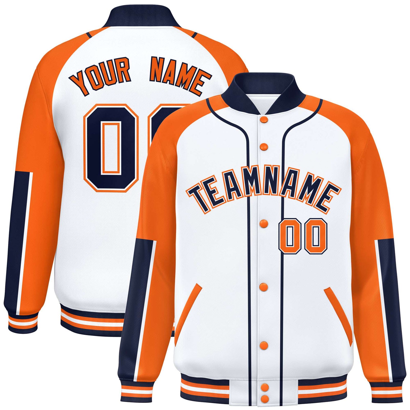Custom White Orange-Navy Varsity Full-Snap Color Block Letterman Jacket