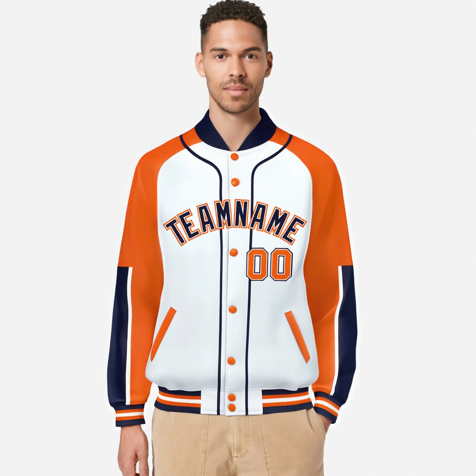 Custom White Orange-Navy Varsity Full-Snap Color Block Letterman Jacket