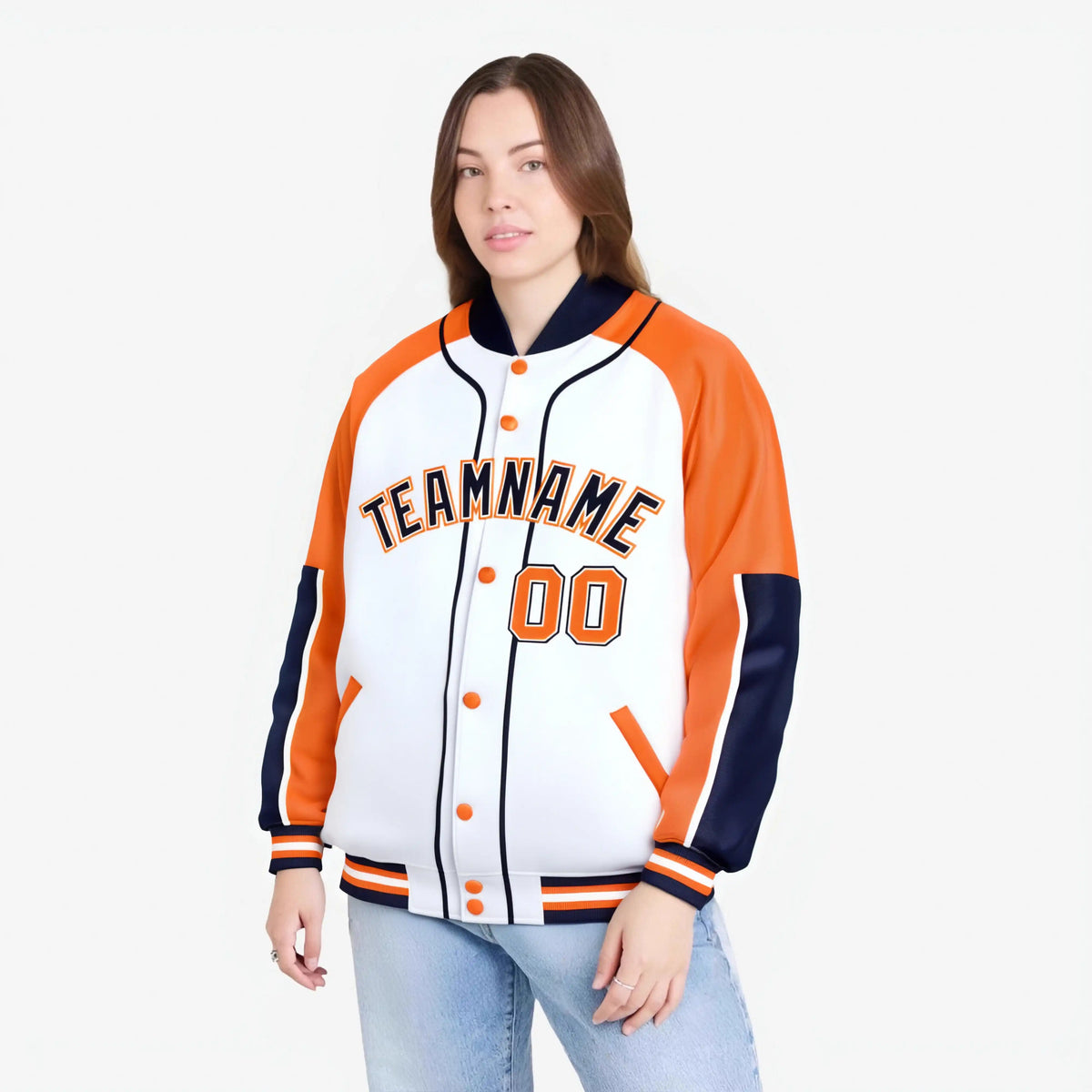 Custom White Orange-Navy Varsity Full-Snap Color Block Letterman Jacket