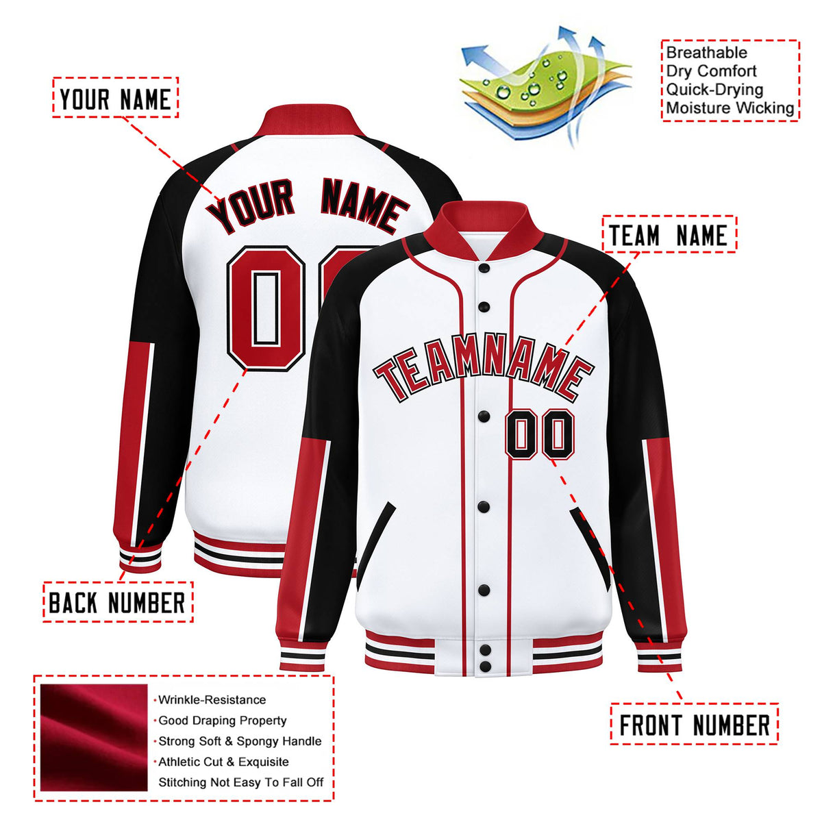 Custom White Black-Red Varsity Full-Snap Color Block Letterman Jacket