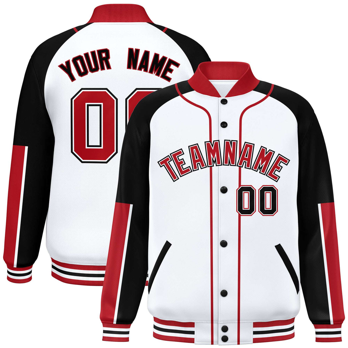 Custom White Black-Red Varsity Full-Snap Color Block Letterman Jacket