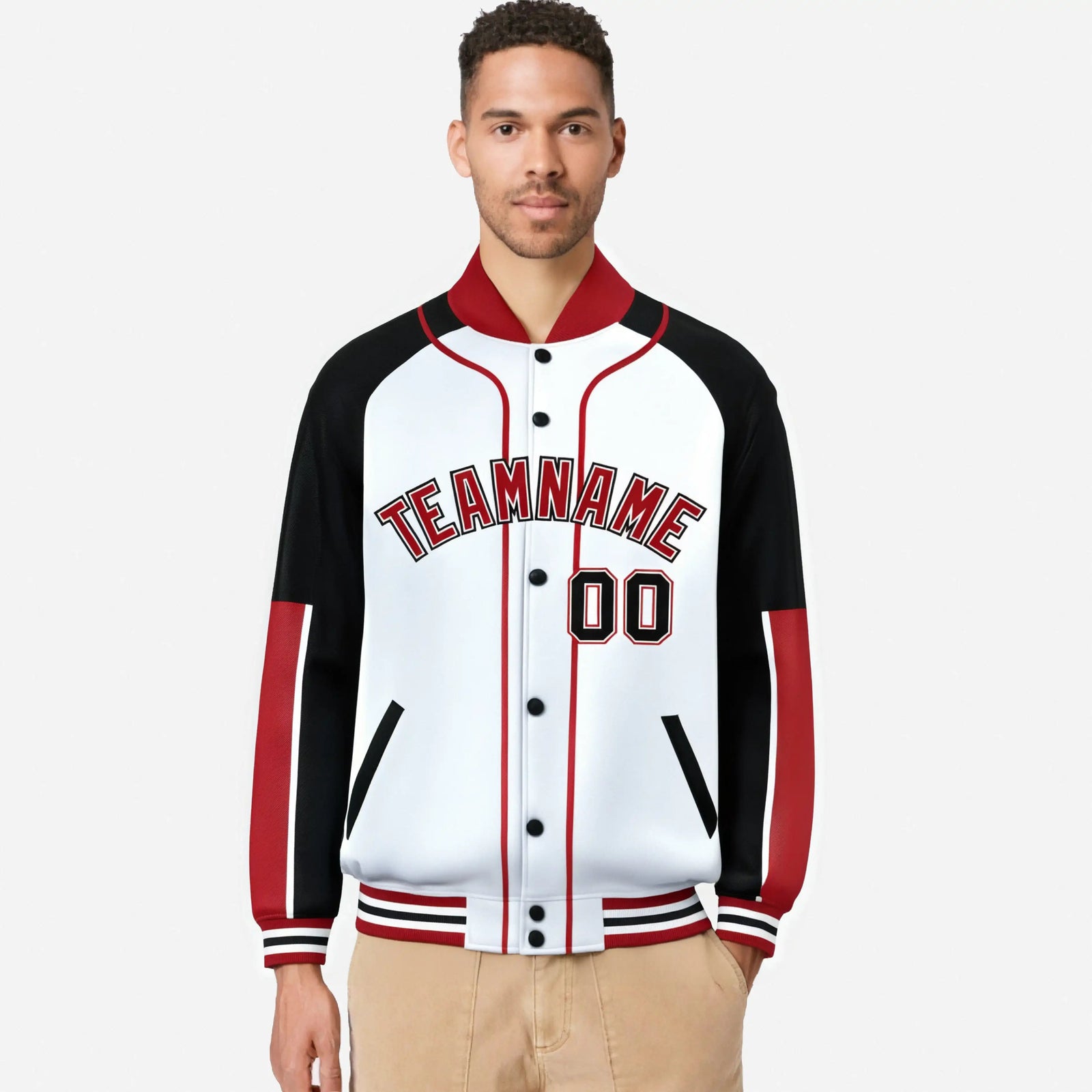 Custom White Black-Red Varsity Full-Snap Color Block Letterman Jacket