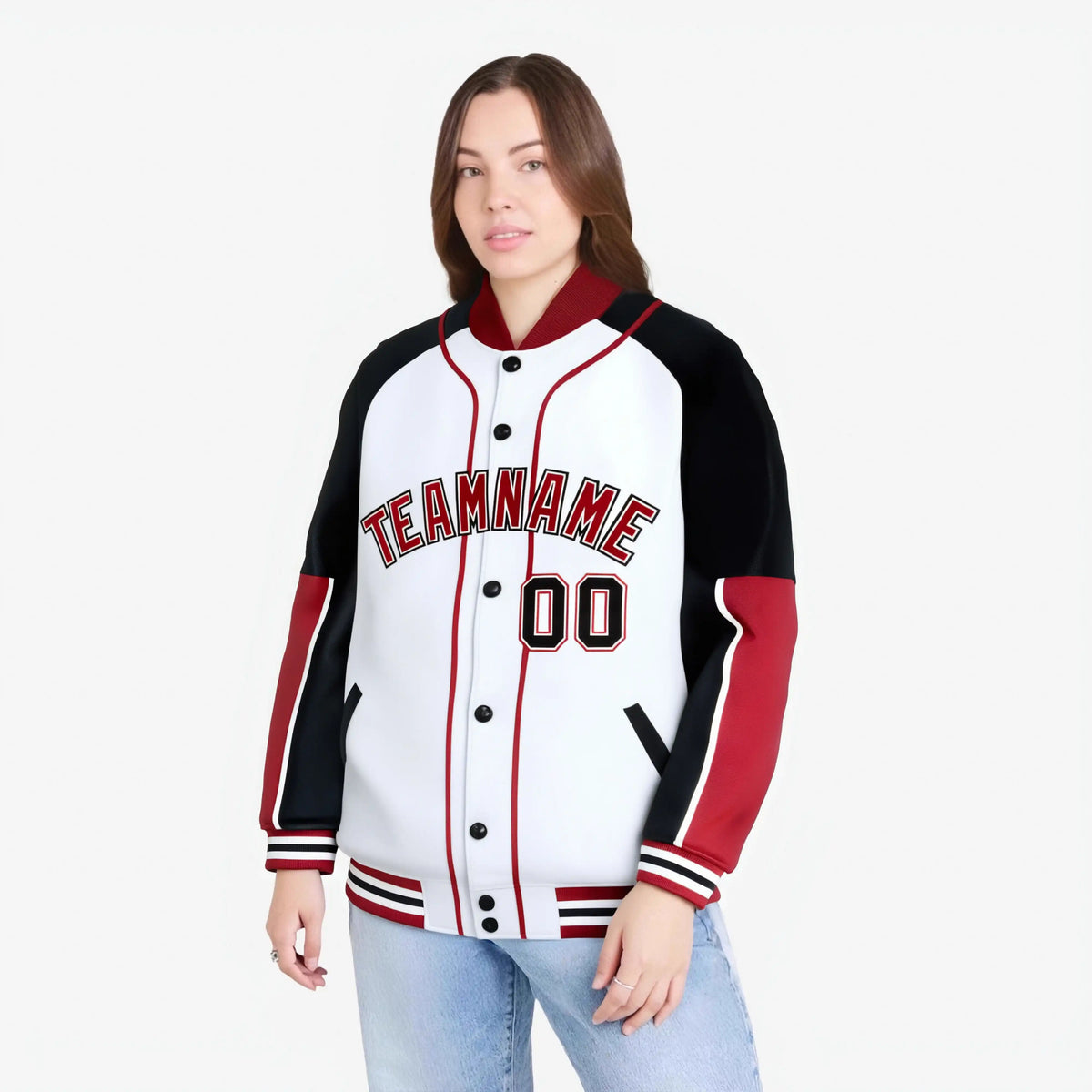 Custom White Black-Red Varsity Full-Snap Color Block Letterman Jacket