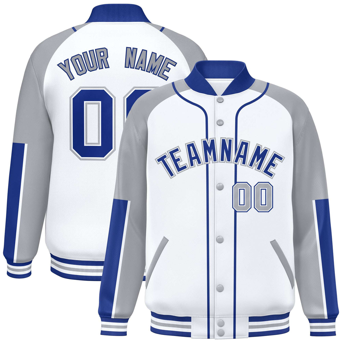 Custom White Gray-Royal Blue Varsity Full-Snap Color Block Letterman Jacket