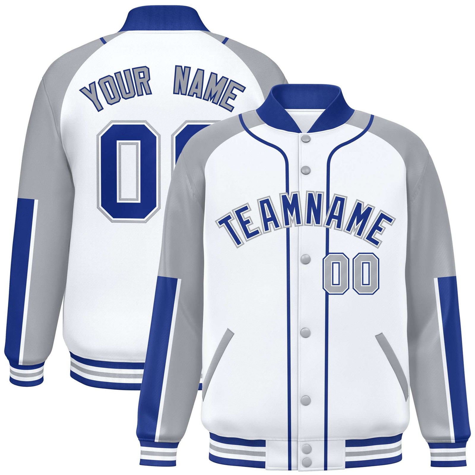 Custom White Gray-Royal Blue Varsity Full-Snap Color Block Letterman Jacket