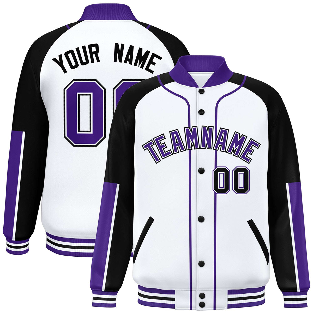 Custom White Black-Purple Varsity Full-Snap Color Block Letterman Jacket