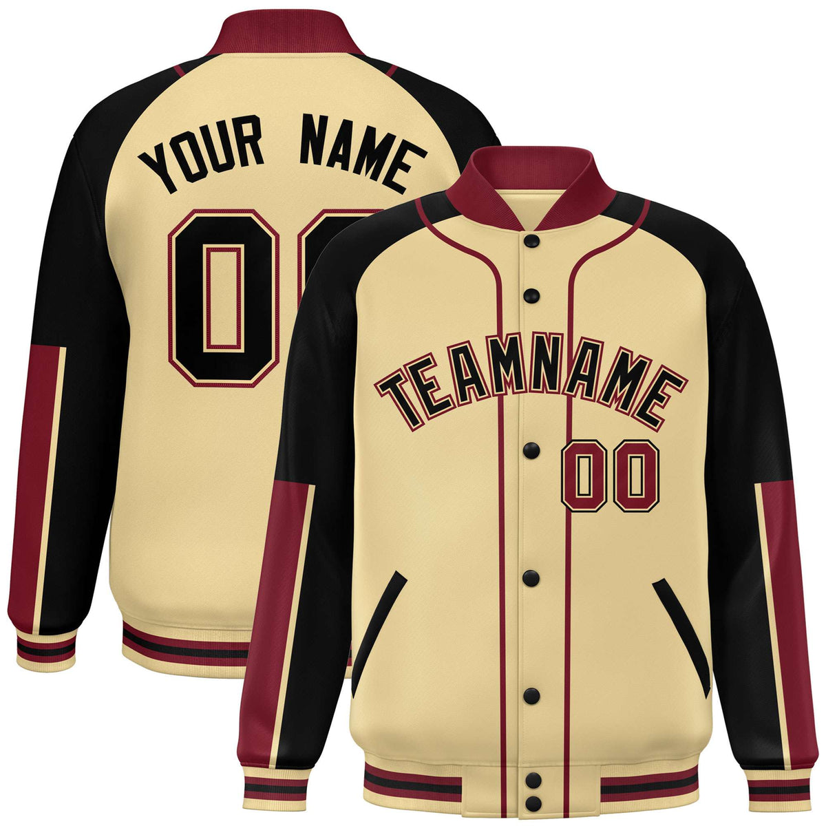 Custom Khaki Black-Crimson Varsity Full-Snap Color Block Letterman Jacket