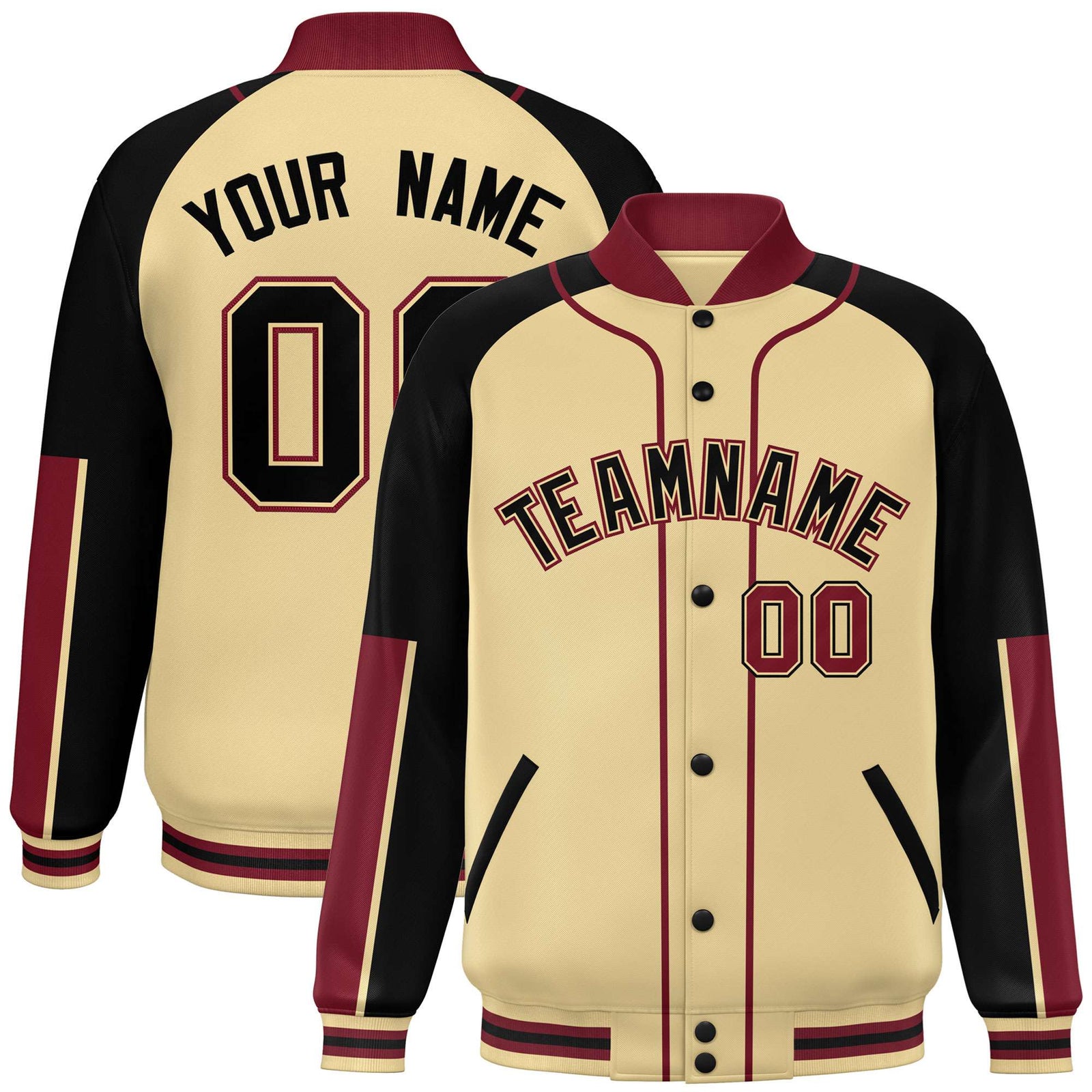Custom Khaki Black-Crimson Varsity Full-Snap Color Block Letterman Jacket