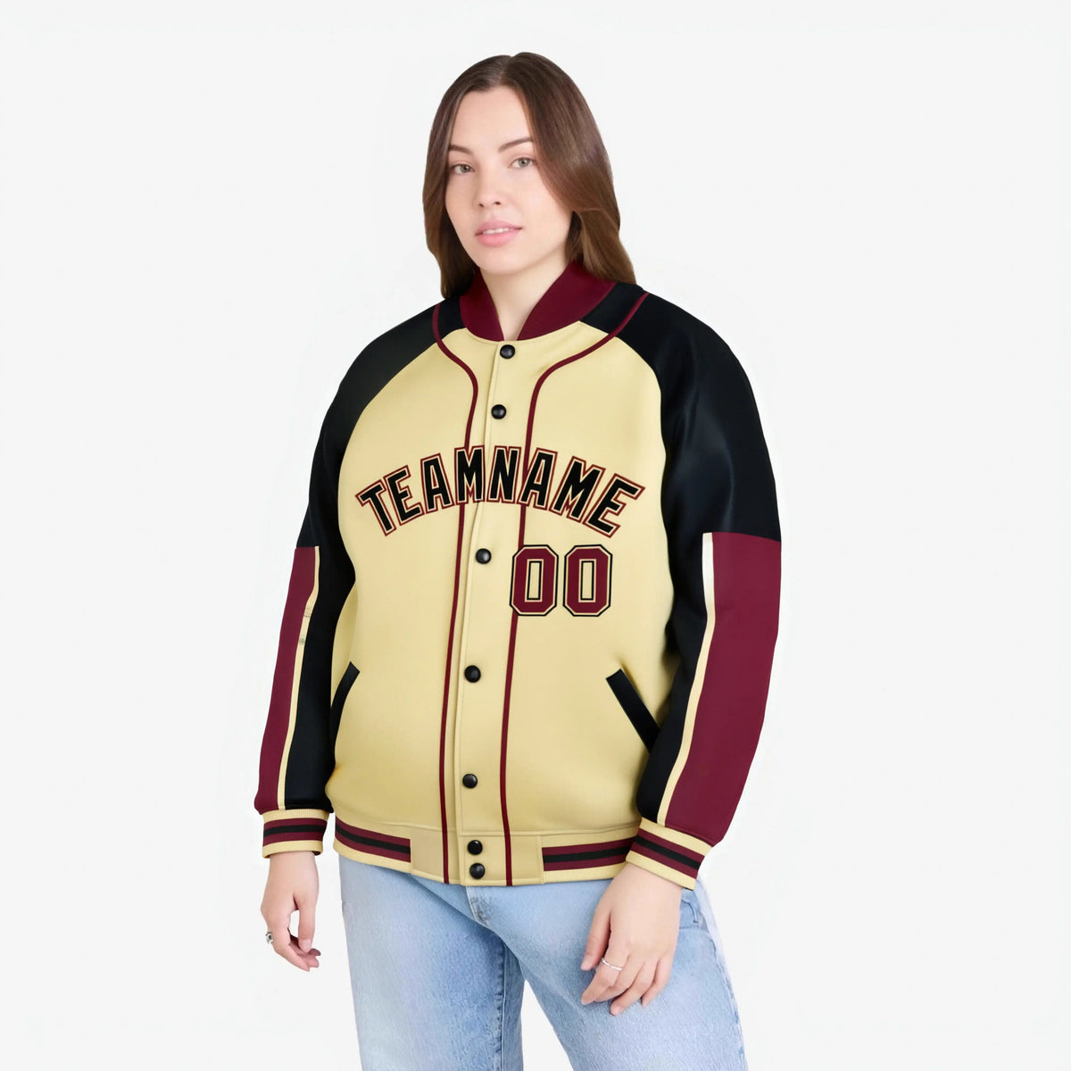 Custom Khaki Black-Crimson Varsity Full-Snap Color Block Letterman Jacket