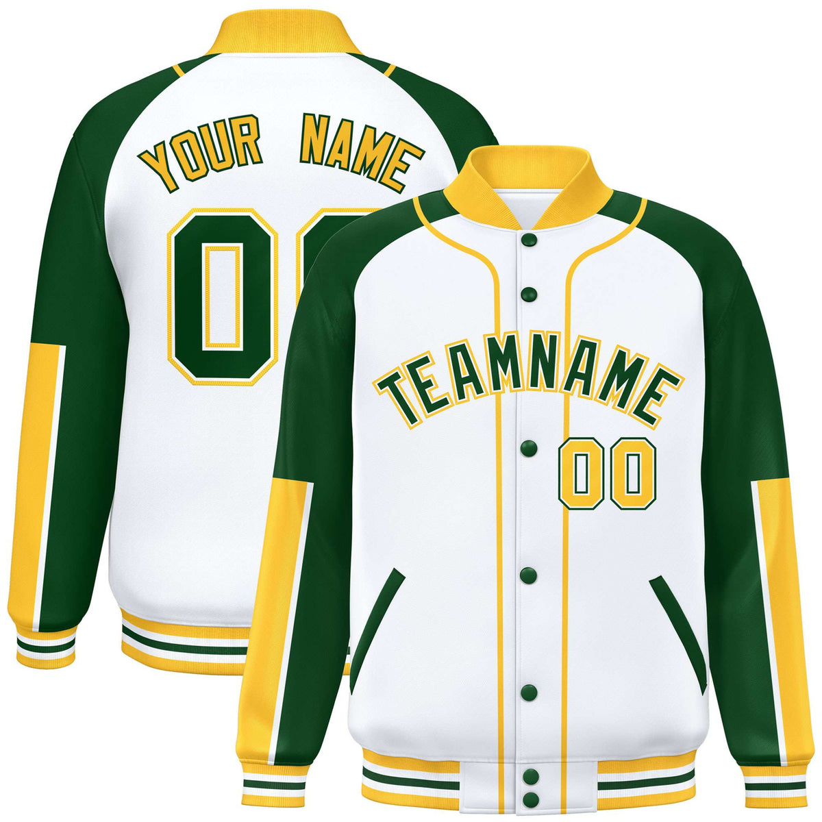 Custom White Green-Gold Varsity Full-Snap Color Block Letterman Jacket