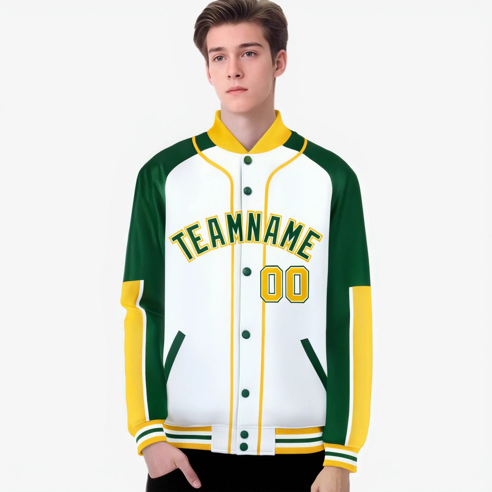 Custom White Green-Gold Varsity Full-Snap Color Block Letterman Jacket