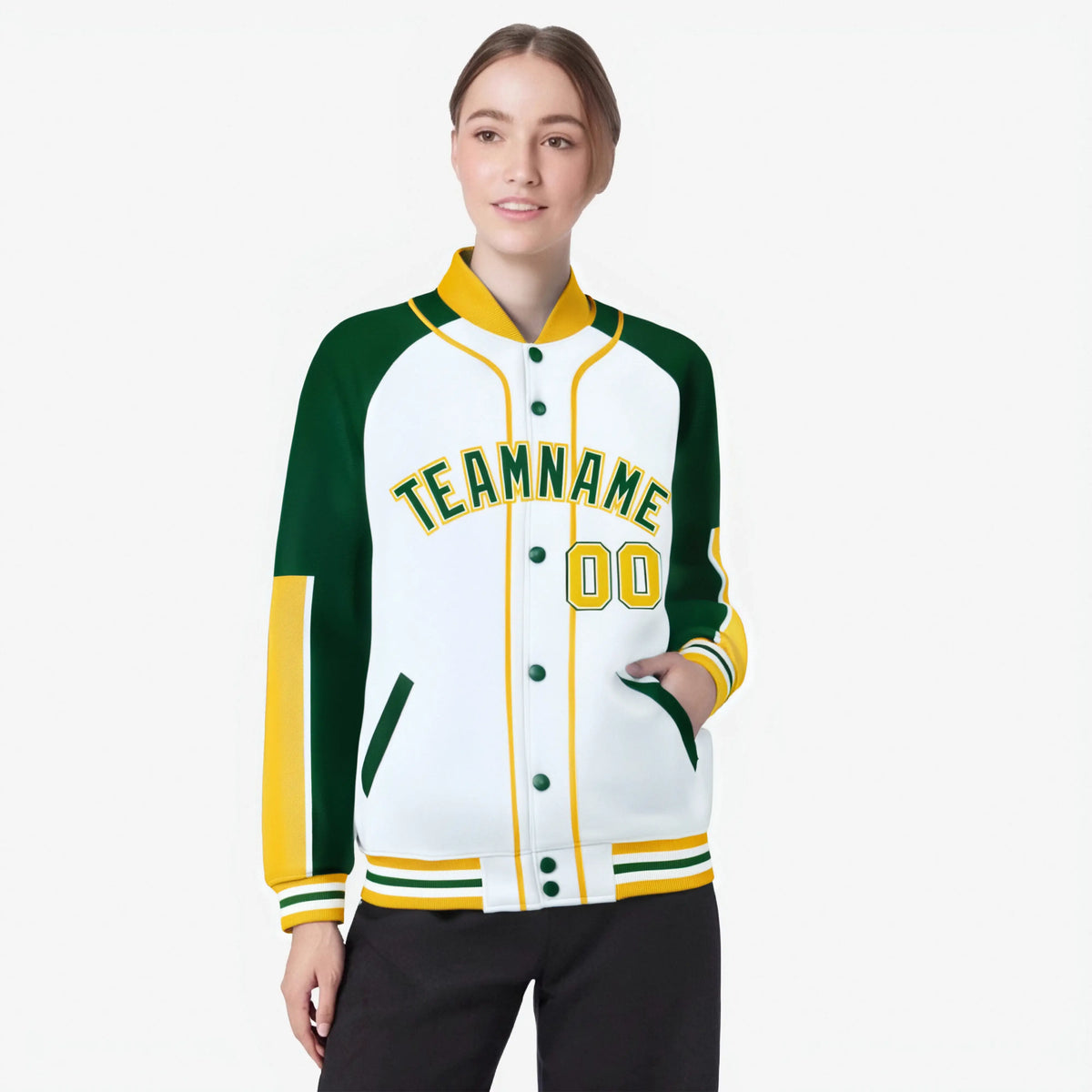 Custom White Green-Gold Varsity Full-Snap Color Block Letterman Jacket