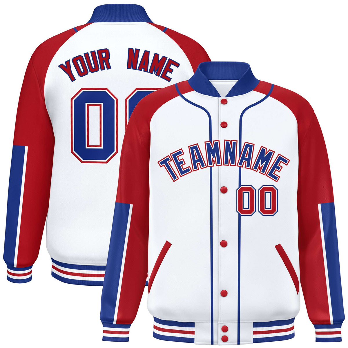Custom White Red-Royal Blue Varsity Full-Snap Color Block Letterman Jacket