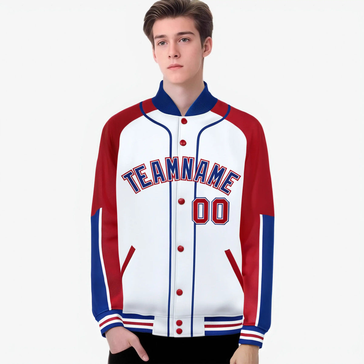 Custom White Red-Royal Blue Varsity Full-Snap Color Block Letterman Jacket