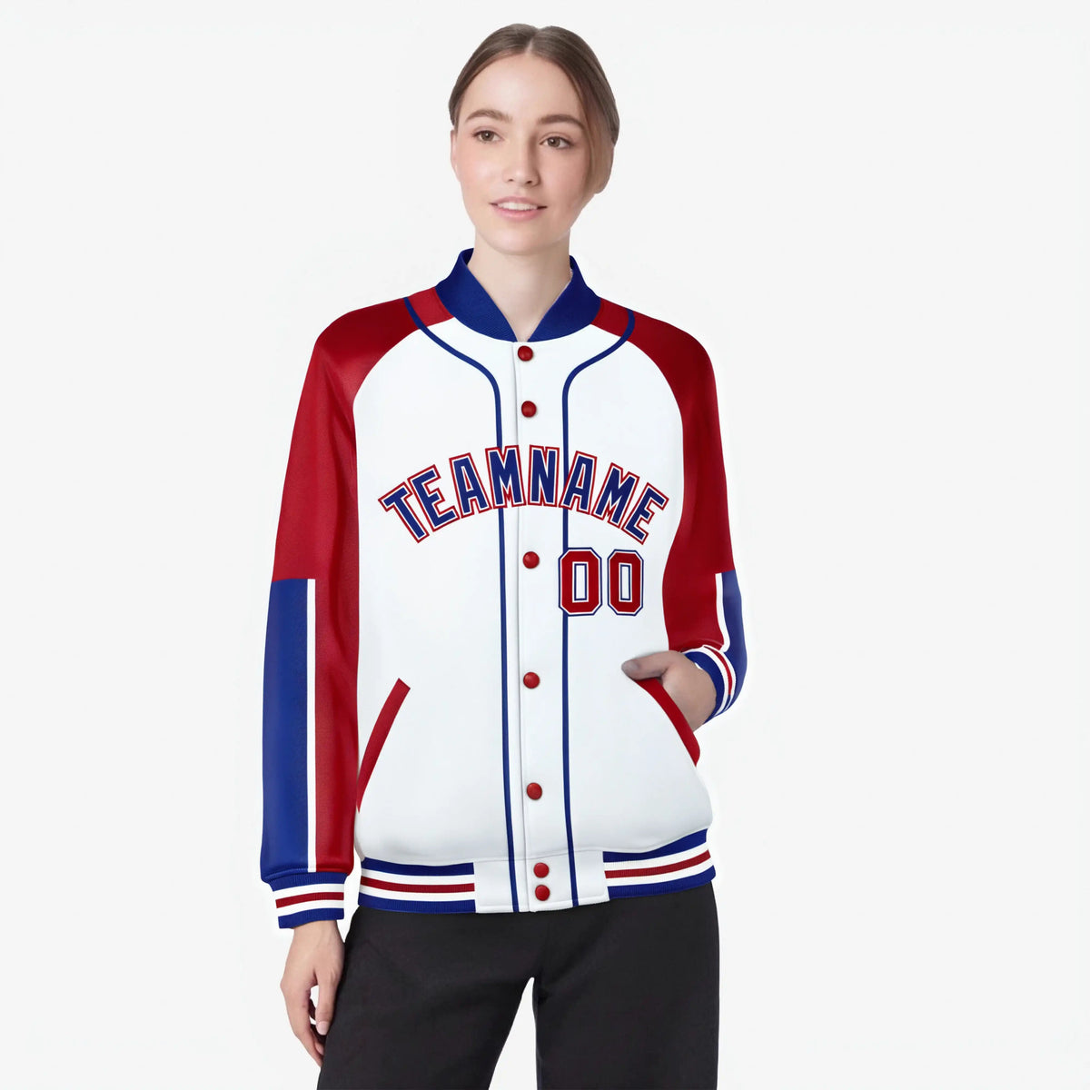 Custom White Red-Royal Blue Varsity Full-Snap Color Block Letterman Jacket
