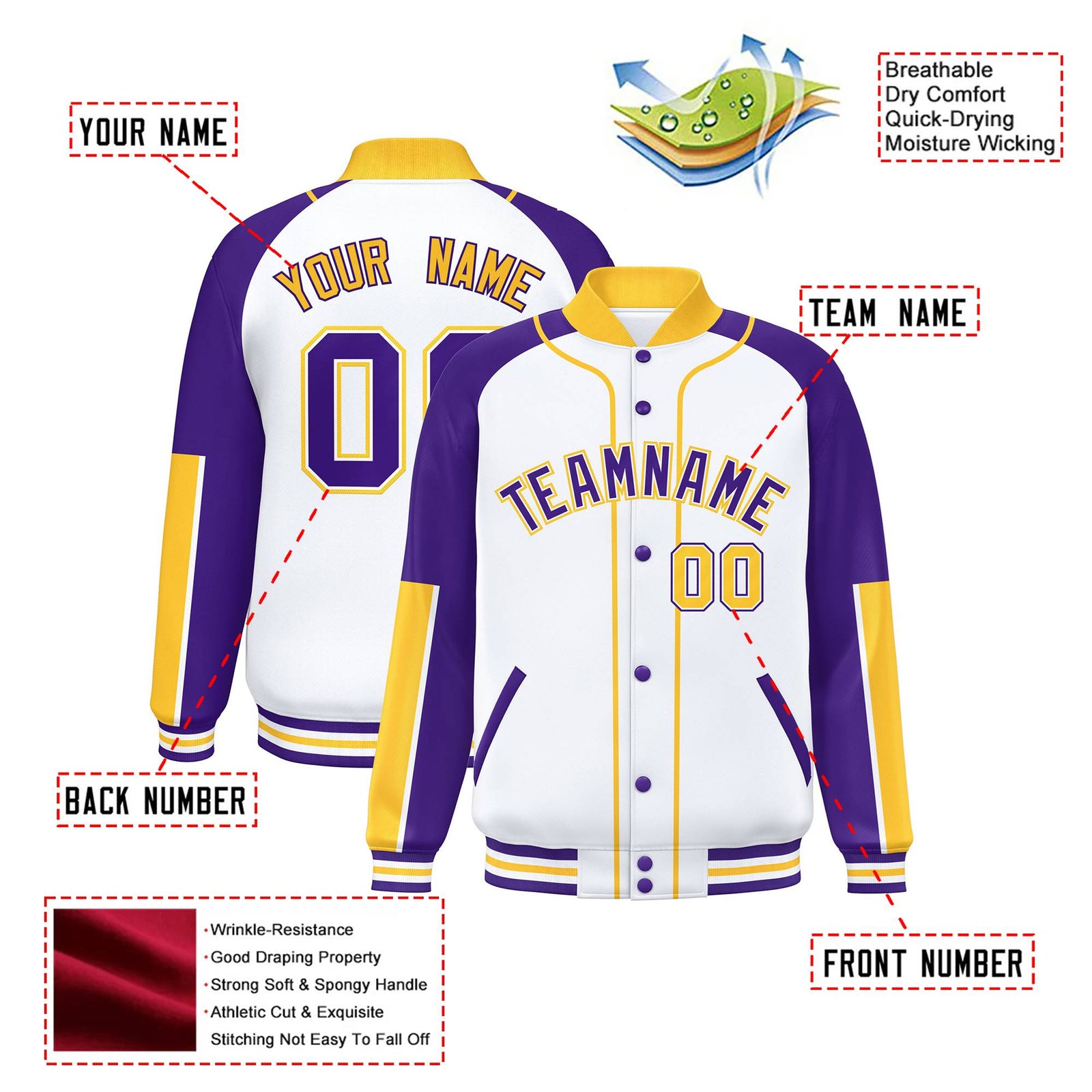 Custom White Purple-Gold Varsity Full-Snap Color Block Letterman Jacket