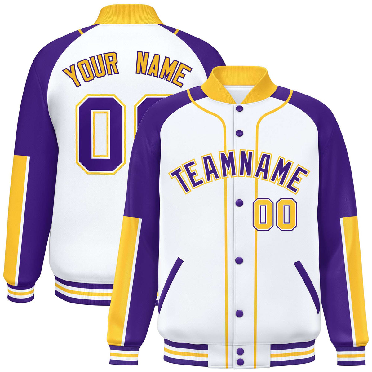 Custom White Purple-Gold Varsity Full-Snap Color Block Letterman Jacket