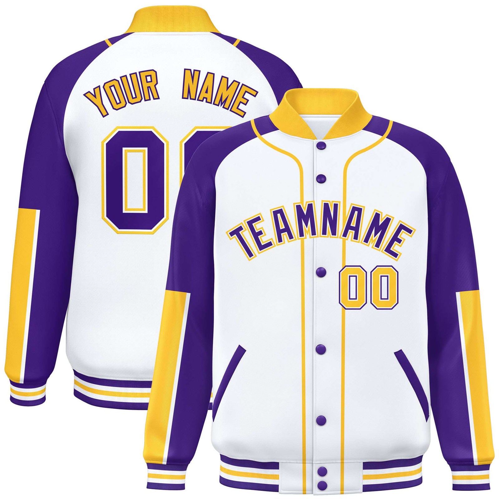 Custom White Purple-Gold Varsity Full-Snap Color Block Letterman Jacket