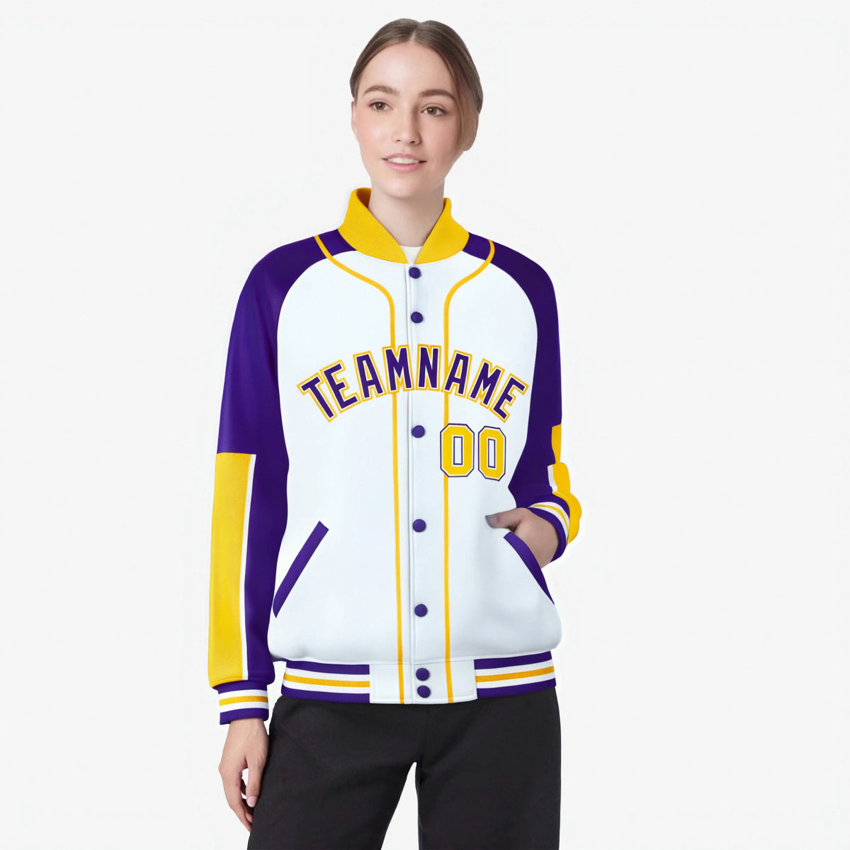 Custom White Purple-Gold Varsity Full-Snap Color Block Letterman Jacket