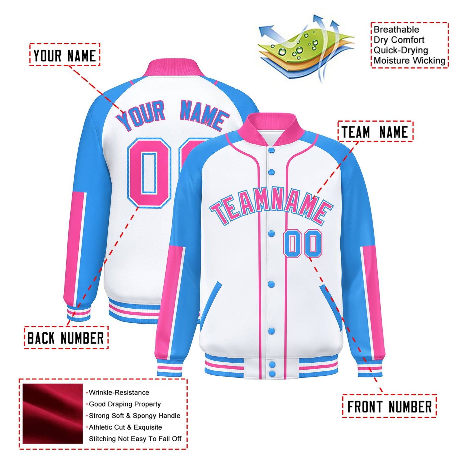 Custom White Powder Blue-Pink Varsity Full-Snap Color Block Letterman Jacket