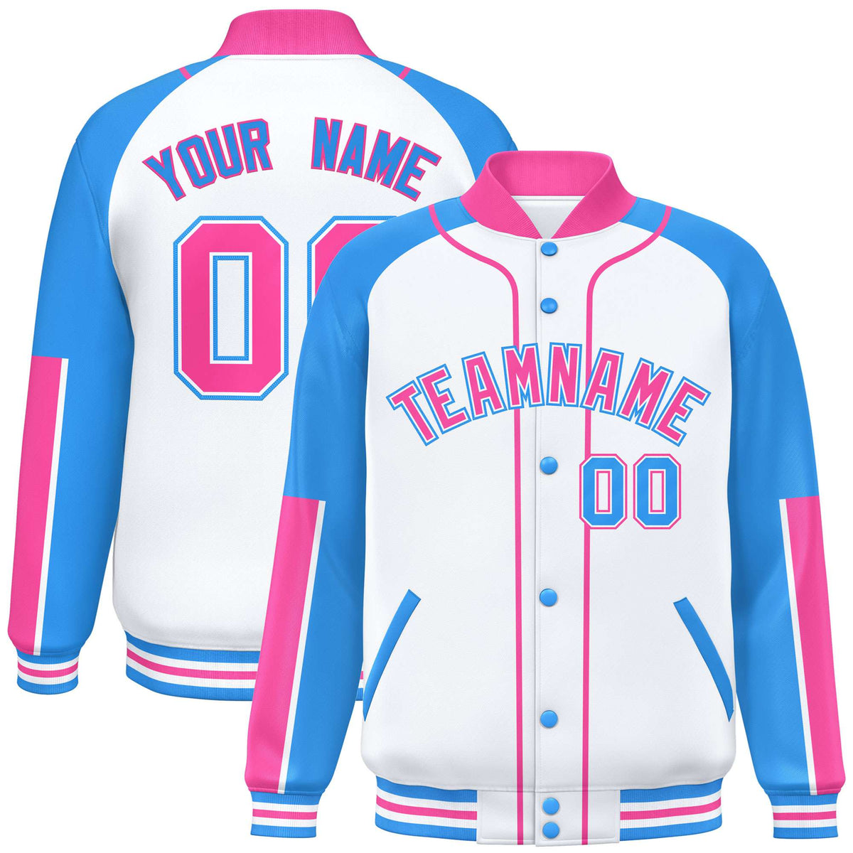 Custom White Powder Blue-Pink Varsity Full-Snap Color Block Letterman Jacket