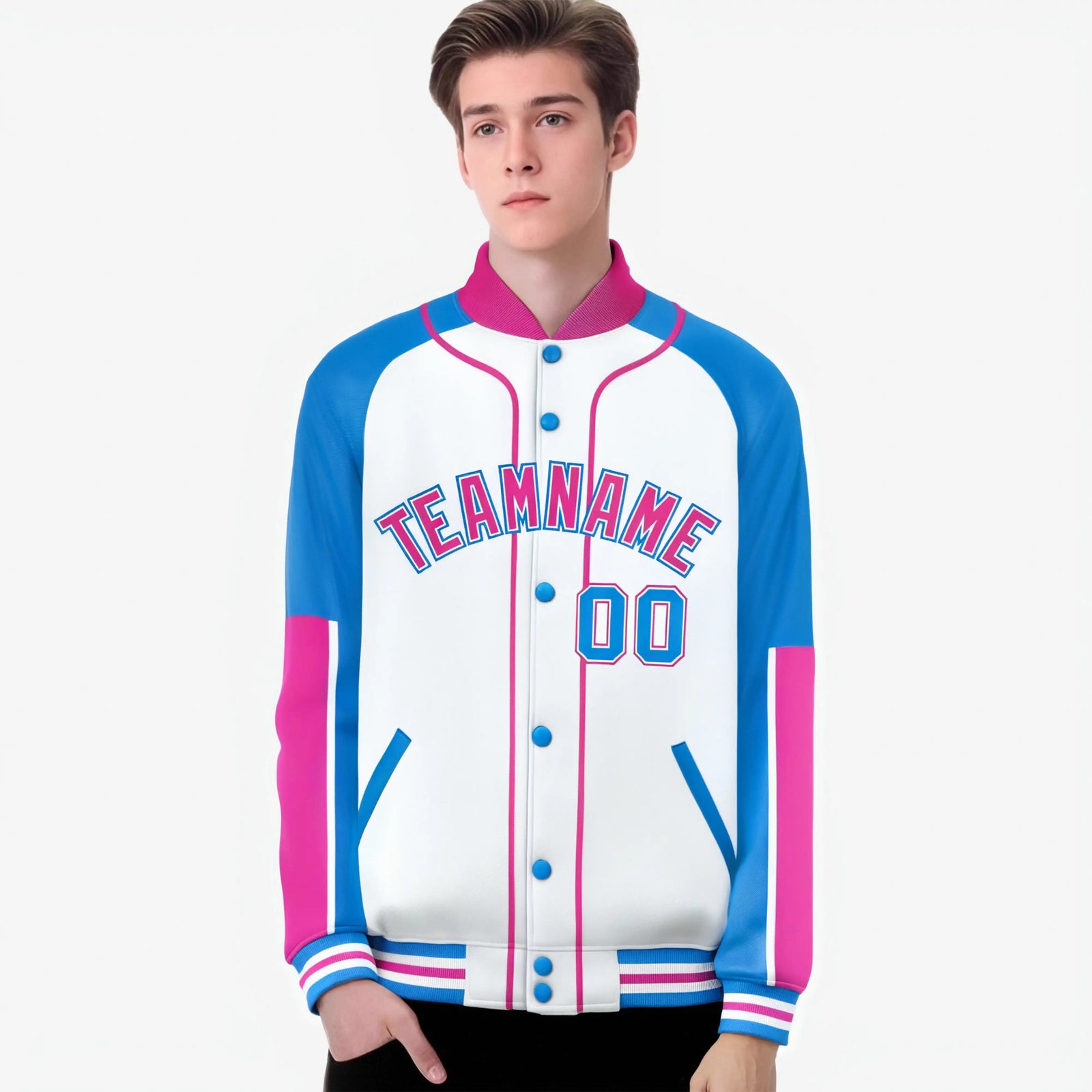 Custom White Powder Blue-Pink Varsity Full-Snap Color Block Letterman Jacket