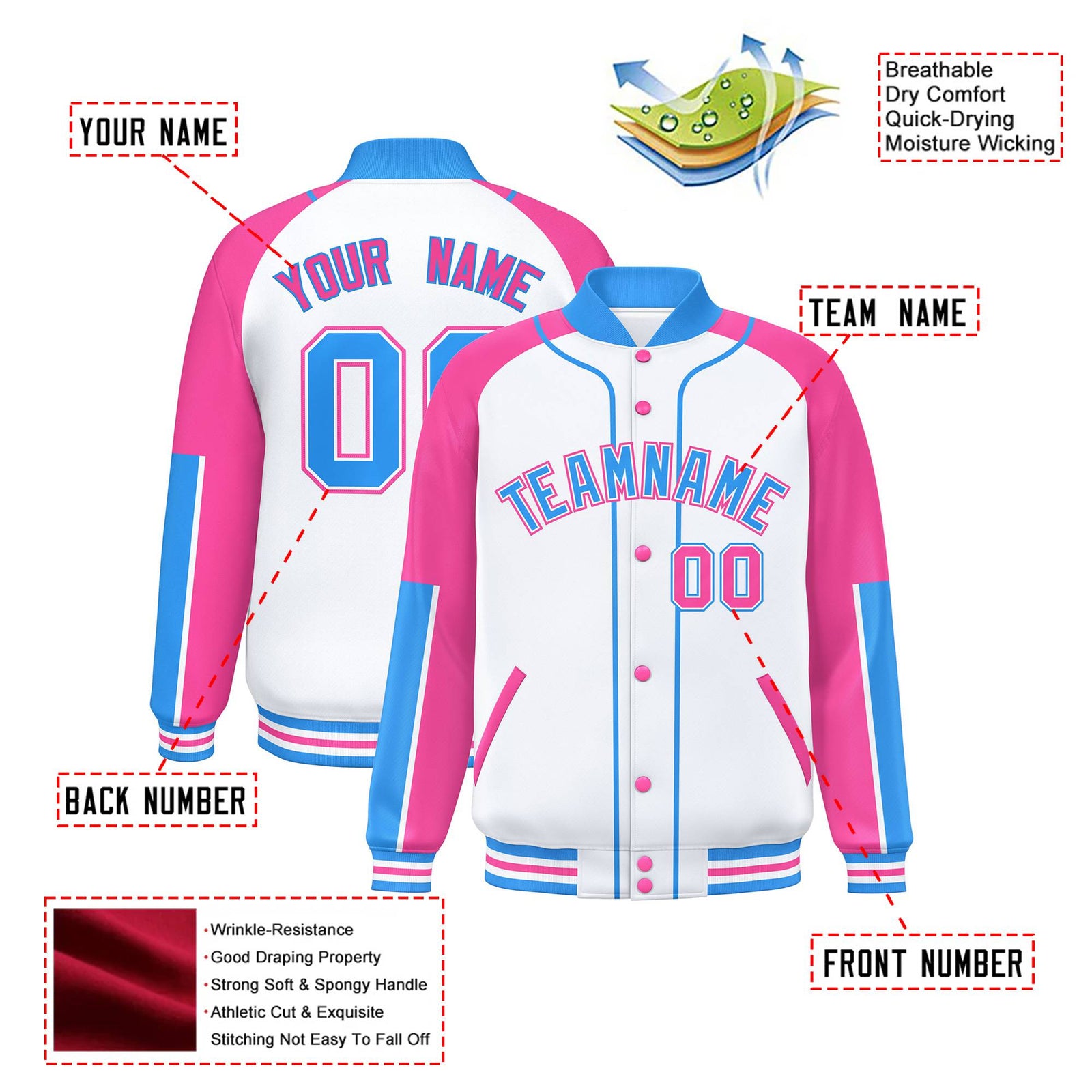 Custom White Pink-Powder Blue Varsity Full-Snap Color Block Letterman Jacket