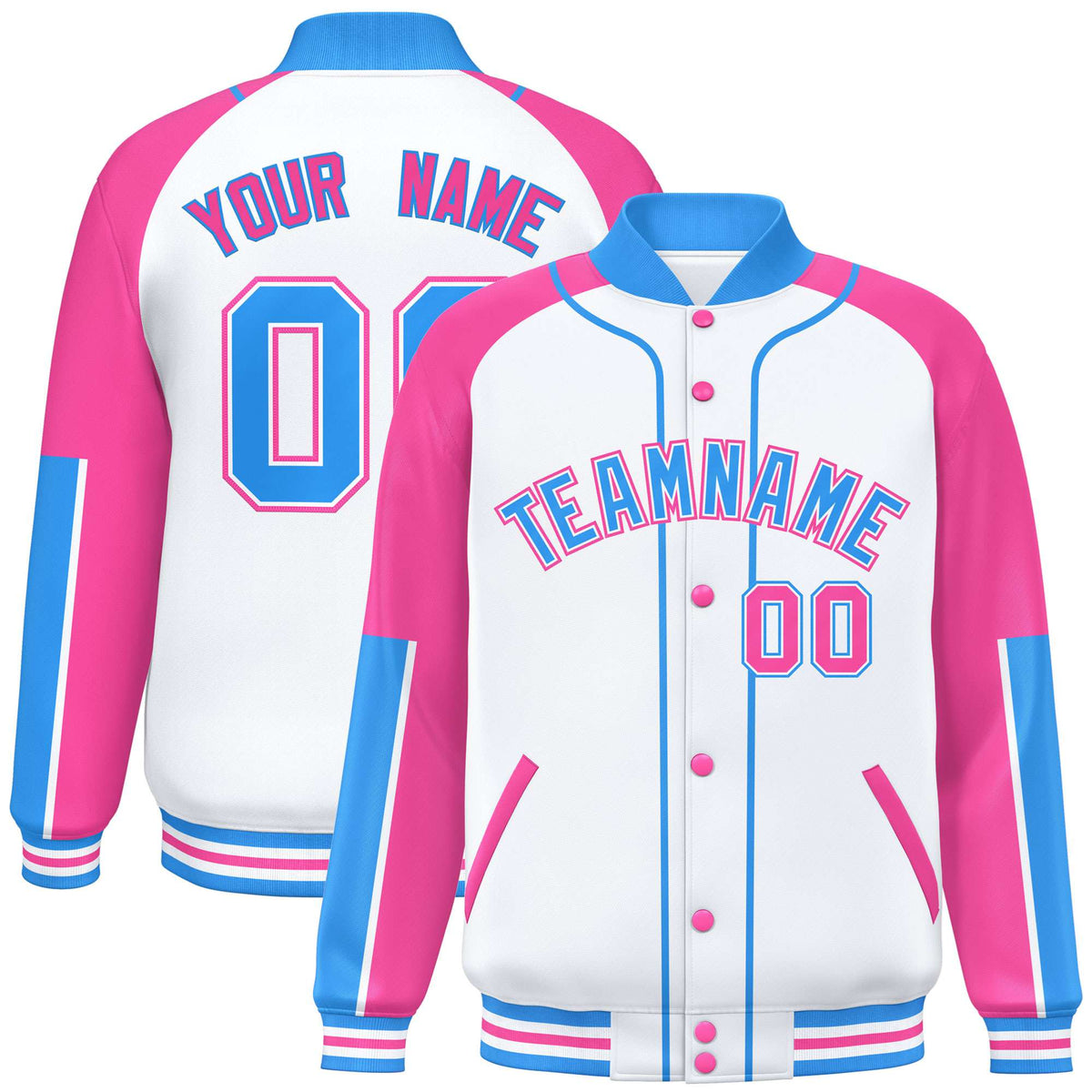 Custom White Pink-Powder Blue Varsity Full-Snap Color Block Letterman Jacket