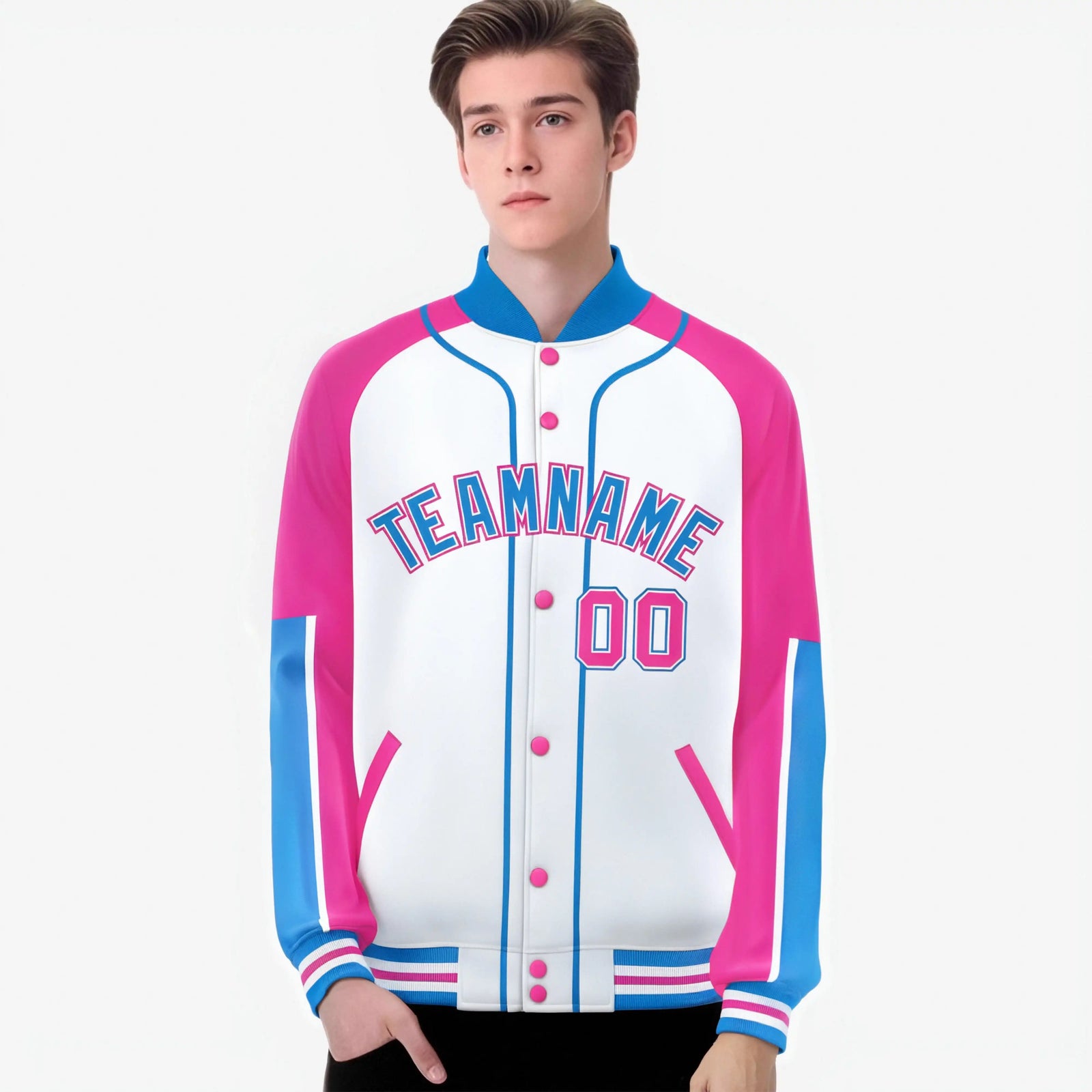 Custom White Pink-Powder Blue Varsity Full-Snap Color Block Letterman Jacket
